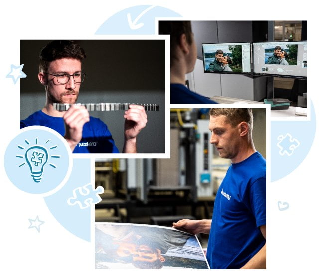 Echt handwerk: Onze medewerkers bij het drukken en ontwikkelen van de puzzelstansen.