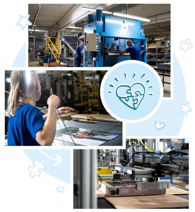 De gepersonaliseerde puzzels en spellen van onze klanten worden stuk voor stuk met precisiemessen gestanst en in een door de klant voorbereidde doos gelegd