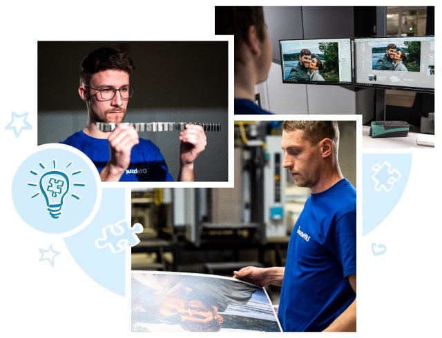 Echt handwerk: Onze medewerkers bij het drukken en ontwikkelen van de puzzelstansen.